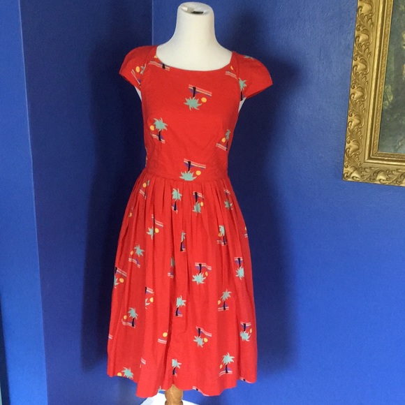 Emily & Fin red/orange palm tree, beach, sun print fit & flare swing dress 🏝☀️ - Picture 3 of 13